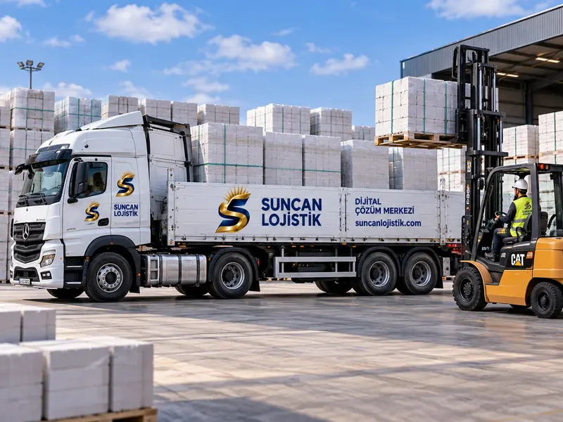 Depoda forklift ile Suncan Lojistik tırına palet yükleniyor